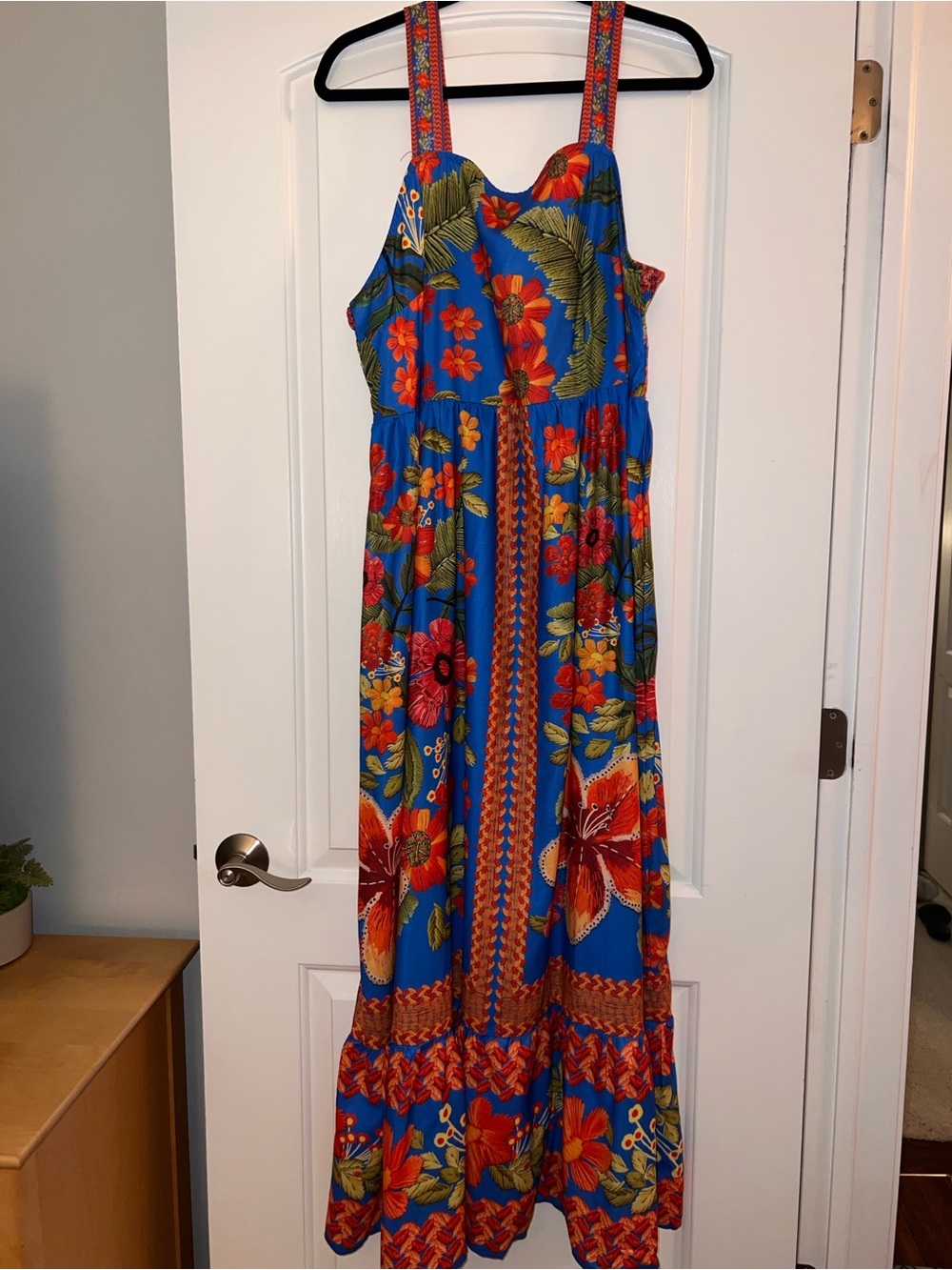 SHEIN Blue Maxi Dress with Red & Green Floral Print